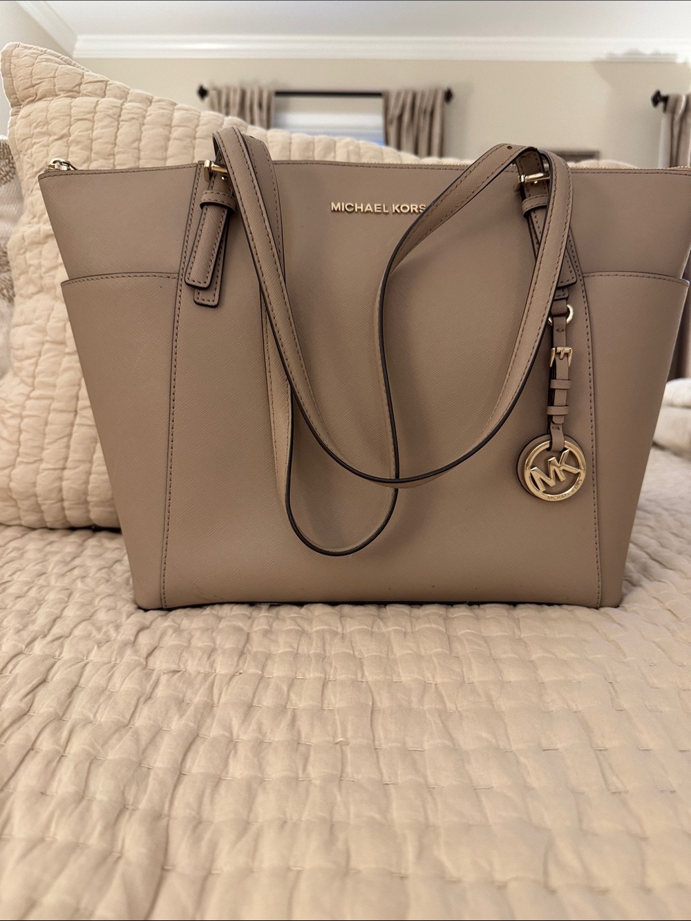 Michael Kors Beige/Taupe Saffiano Leather Tote with Gold Accent